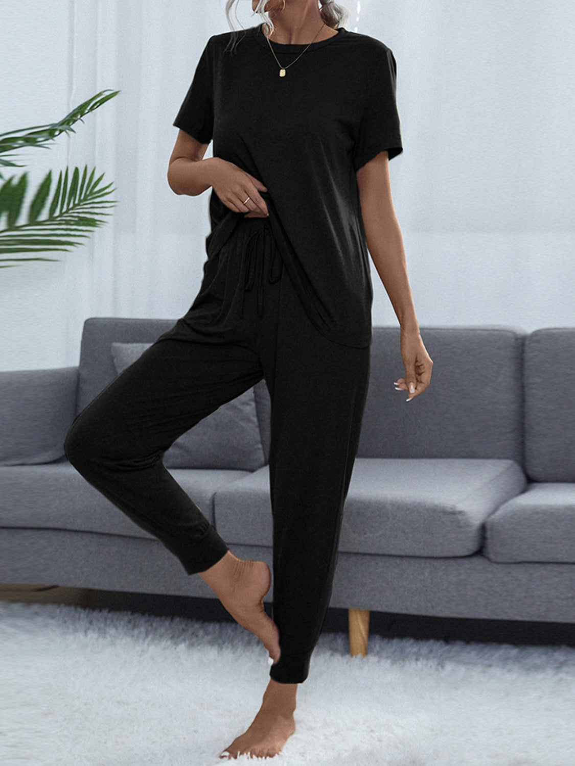 Shiny Round Neck Short Sleeve Top and Pants Set - felvior