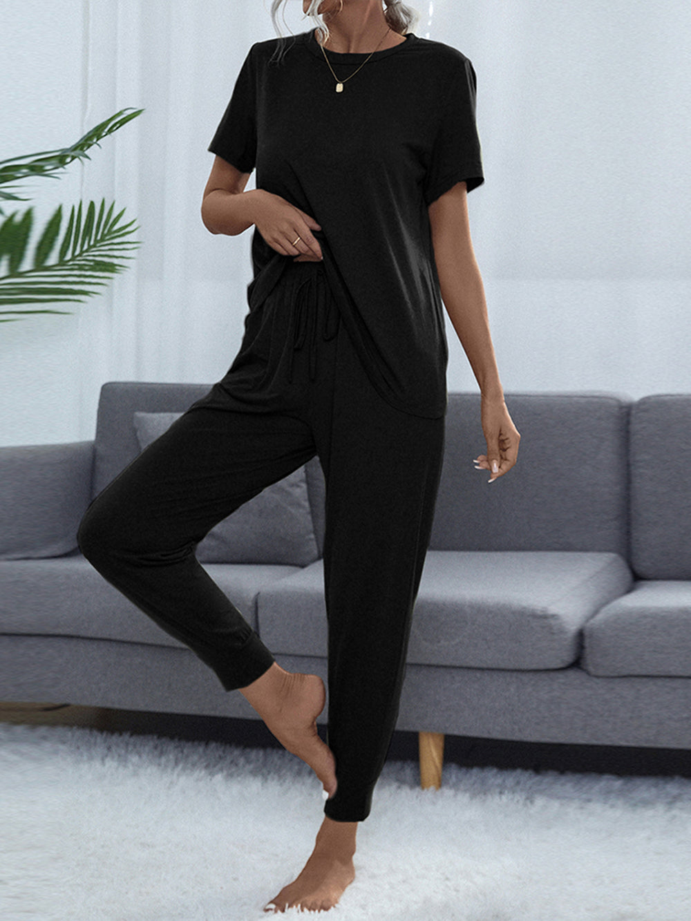 Shiny Round Neck Short Sleeve Top and Pants Set - felvior