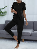 Shiny Round Neck Short Sleeve Top and Pants Set - felvior