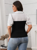 Plus Size Striped Johnny Collar Short Sleeve Blouse