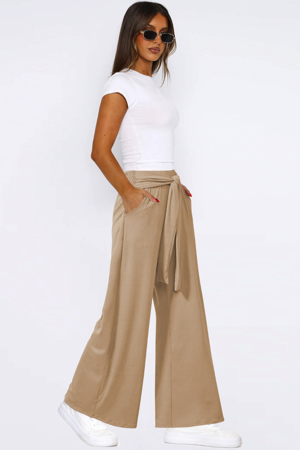 Tied Pocketed Wide Leg Pants