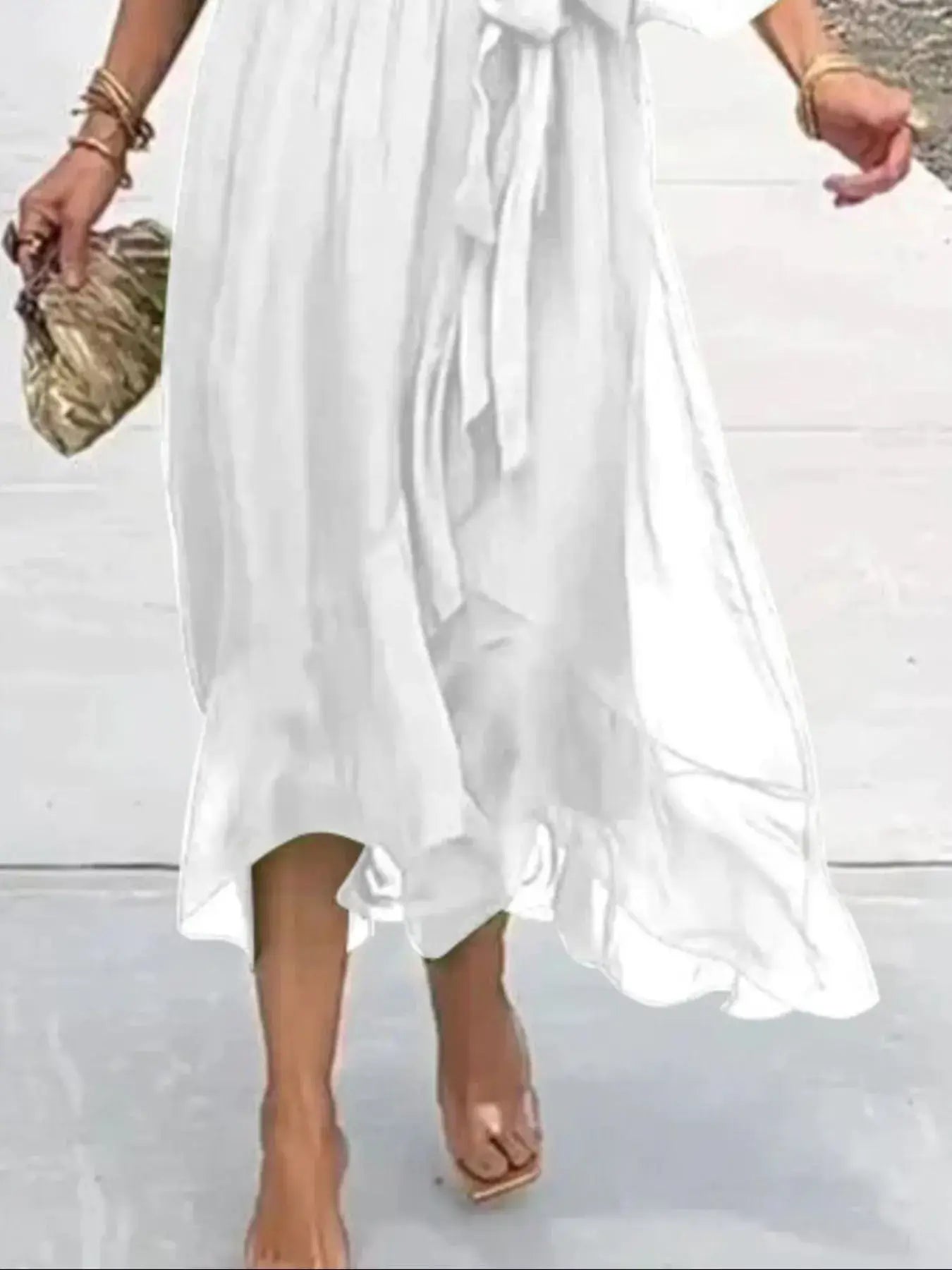 Full Size Flowy Tie Front Midi Dress with Flutter Sleeves Plus Size