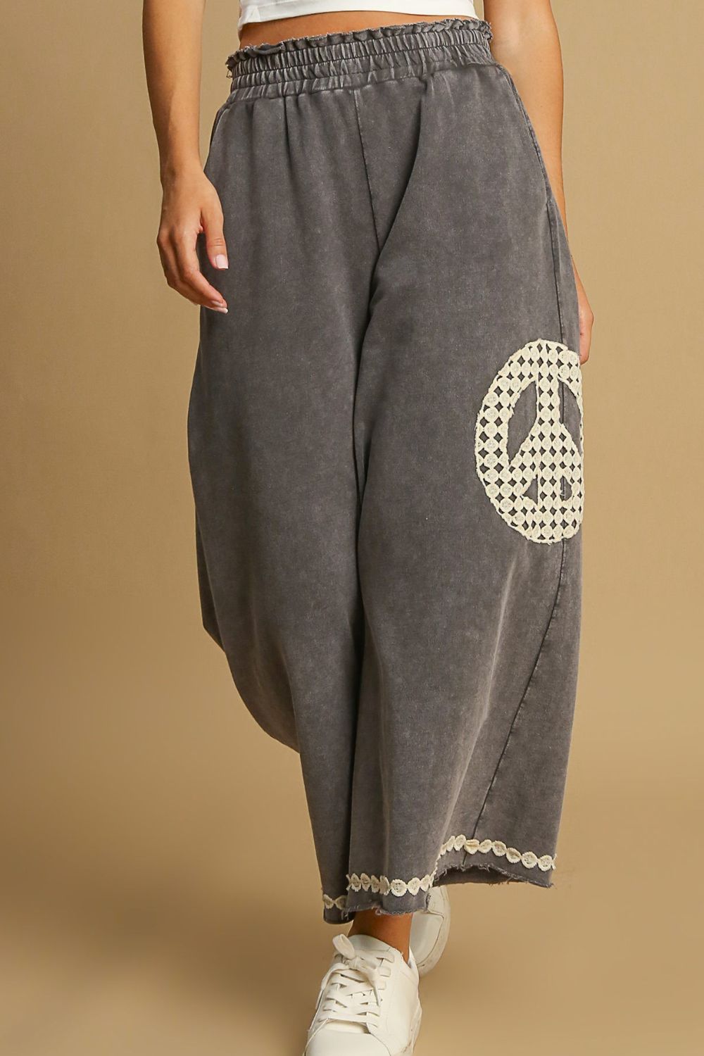 Umgee Full Size Peace Lace Applique Mineral Wash Wide Leg Pants Plus Size - felvior