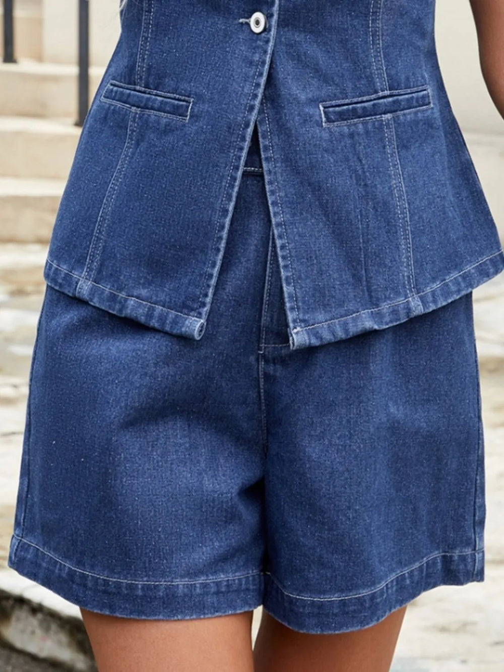 Button Down Vest and Shorts Denim Set