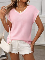 Contrast Trim V-Neck Short Sleeve Knit Top