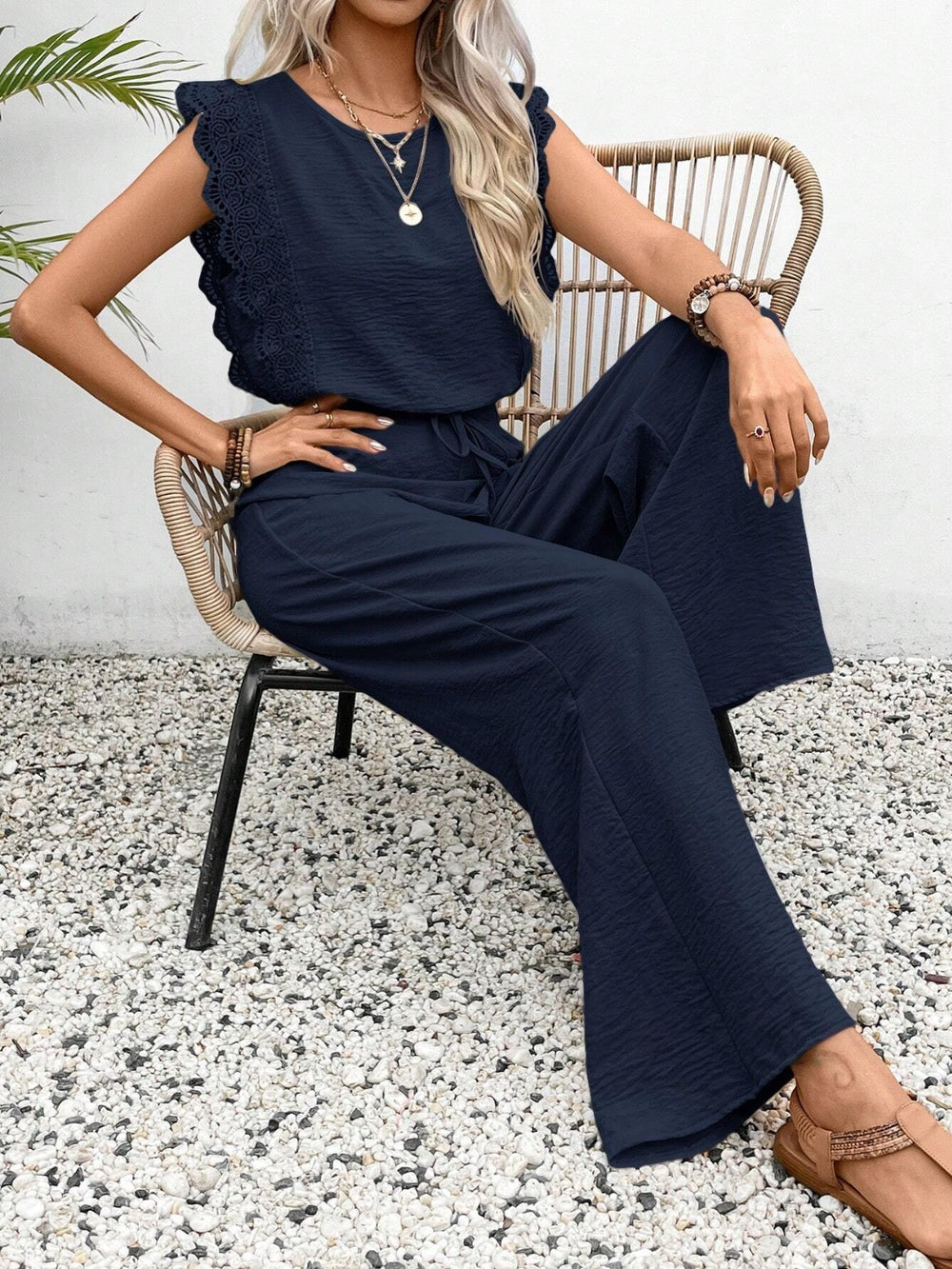 Lace Trim Round Neck Top and Pants Set