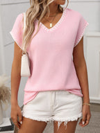 Contrast Trim V-Neck Short Sleeve Knit Top