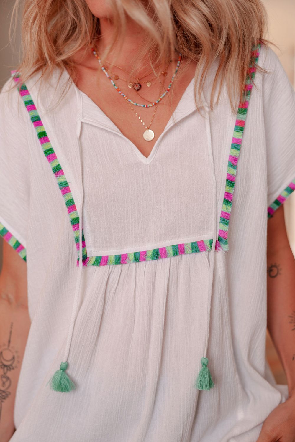 Tassel Tie Neck Short Sleeve Blouse - felvior