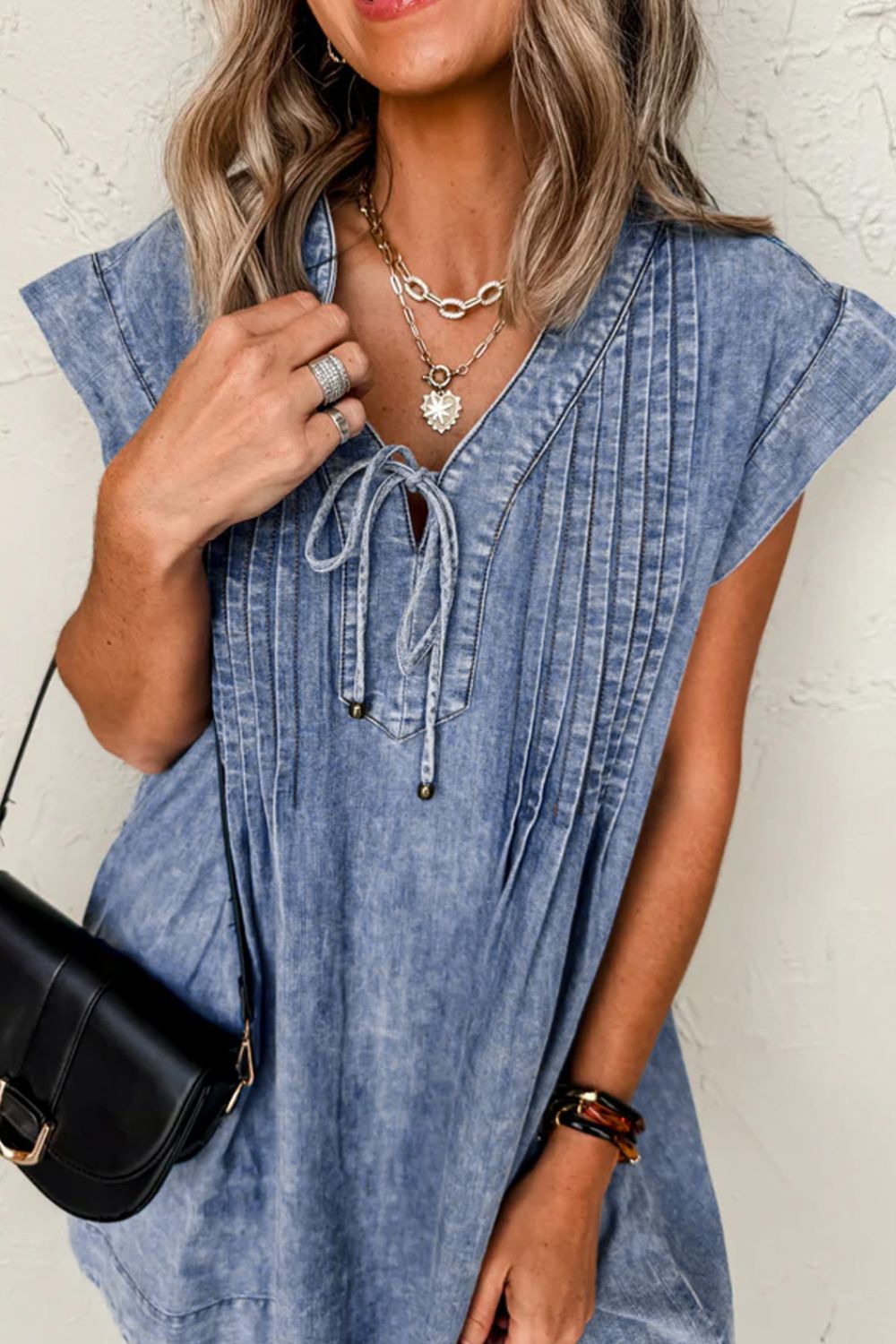 Tie V Neck Tucking Detail Short Sleeve Denim Dress - felvior