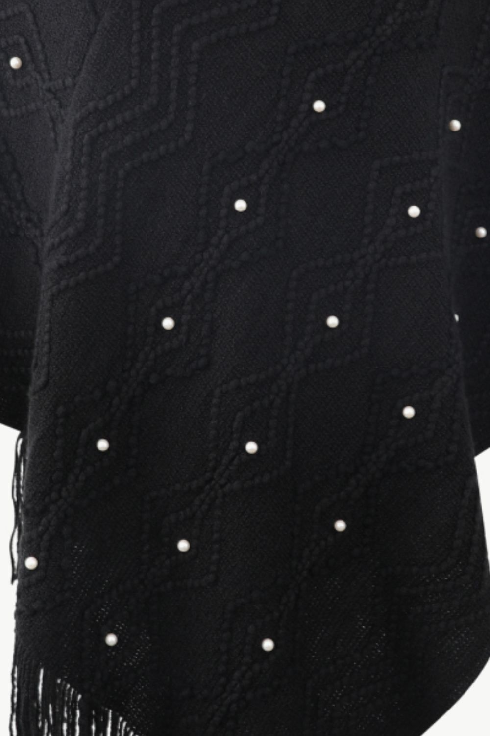 Pearl Trim V-Neck Fringe Hem Poncho - felvior