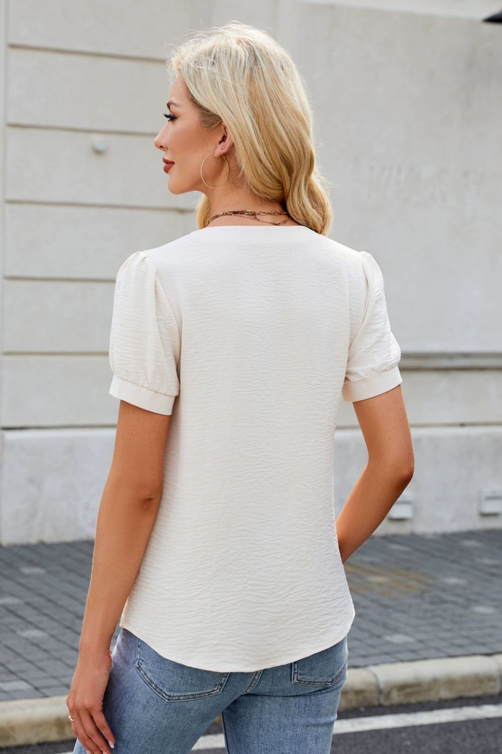 Notched Short Sleeve Blouse - felvior