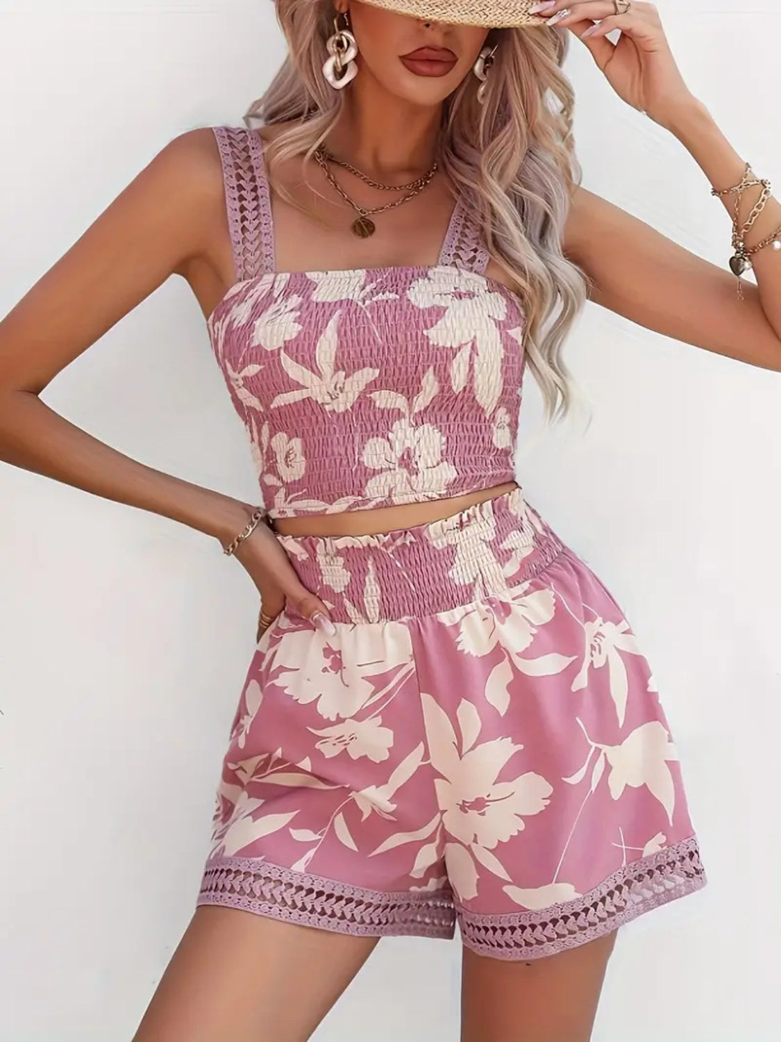 Smocked Printed Square Neck Top and Shorts Set - felvior