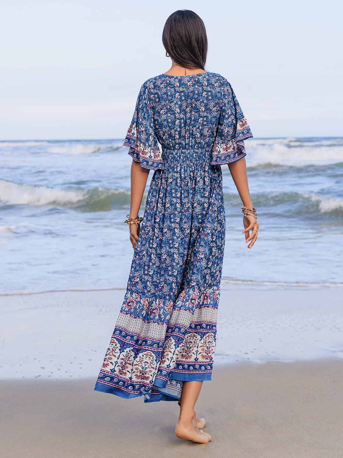 Ruched Printed Flounce Sleeve Midi Dress - felvior