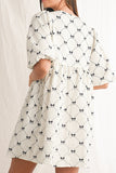 Bow Print Tie Neck Half Sleeve Dress - felvior