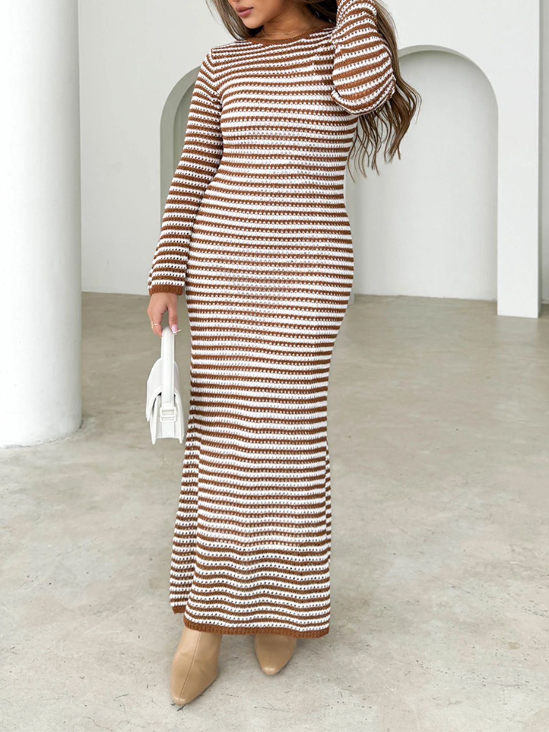 Devine Tied Round Neck Striped Sweater Dress - felvior