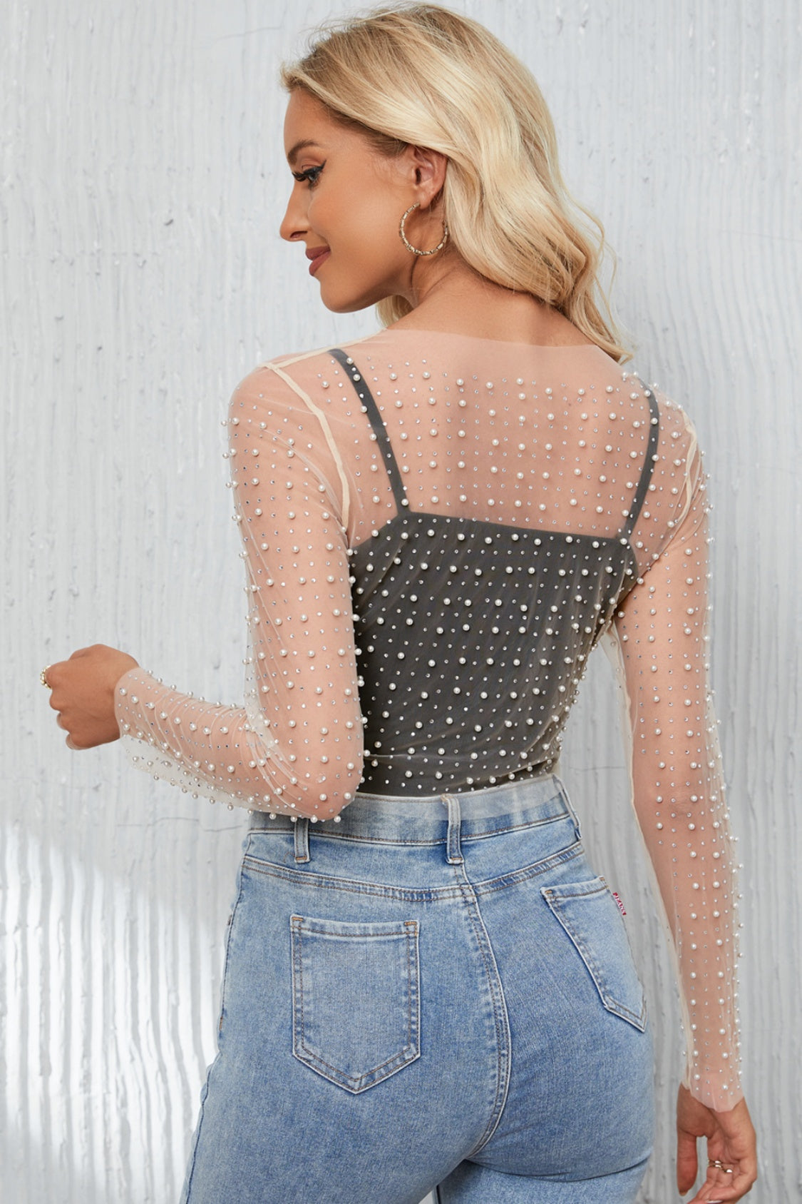 Pearl Long Sleeve Mesh Cropped Top - felvior