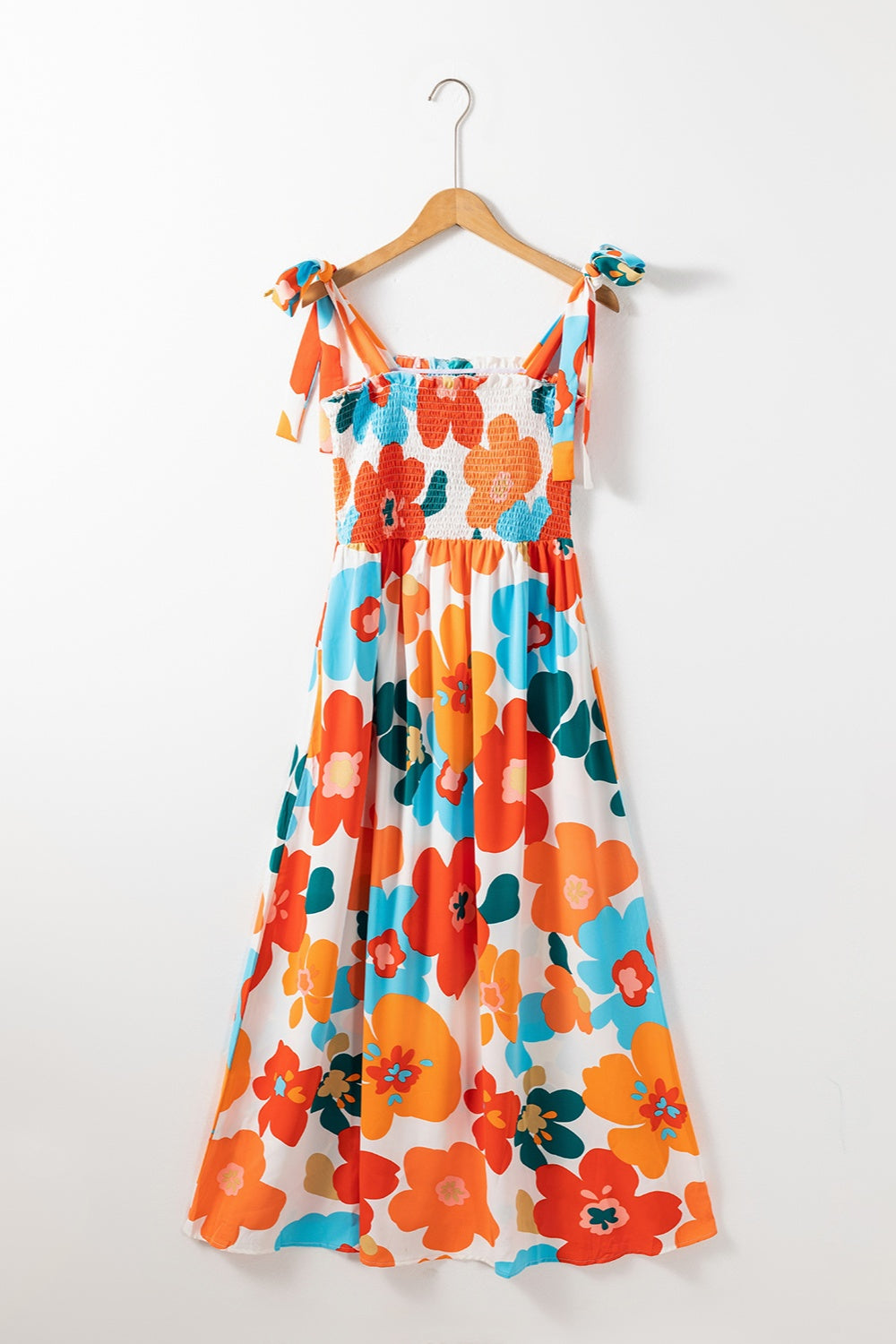Smocked Printed Square Neck Dress - felvior