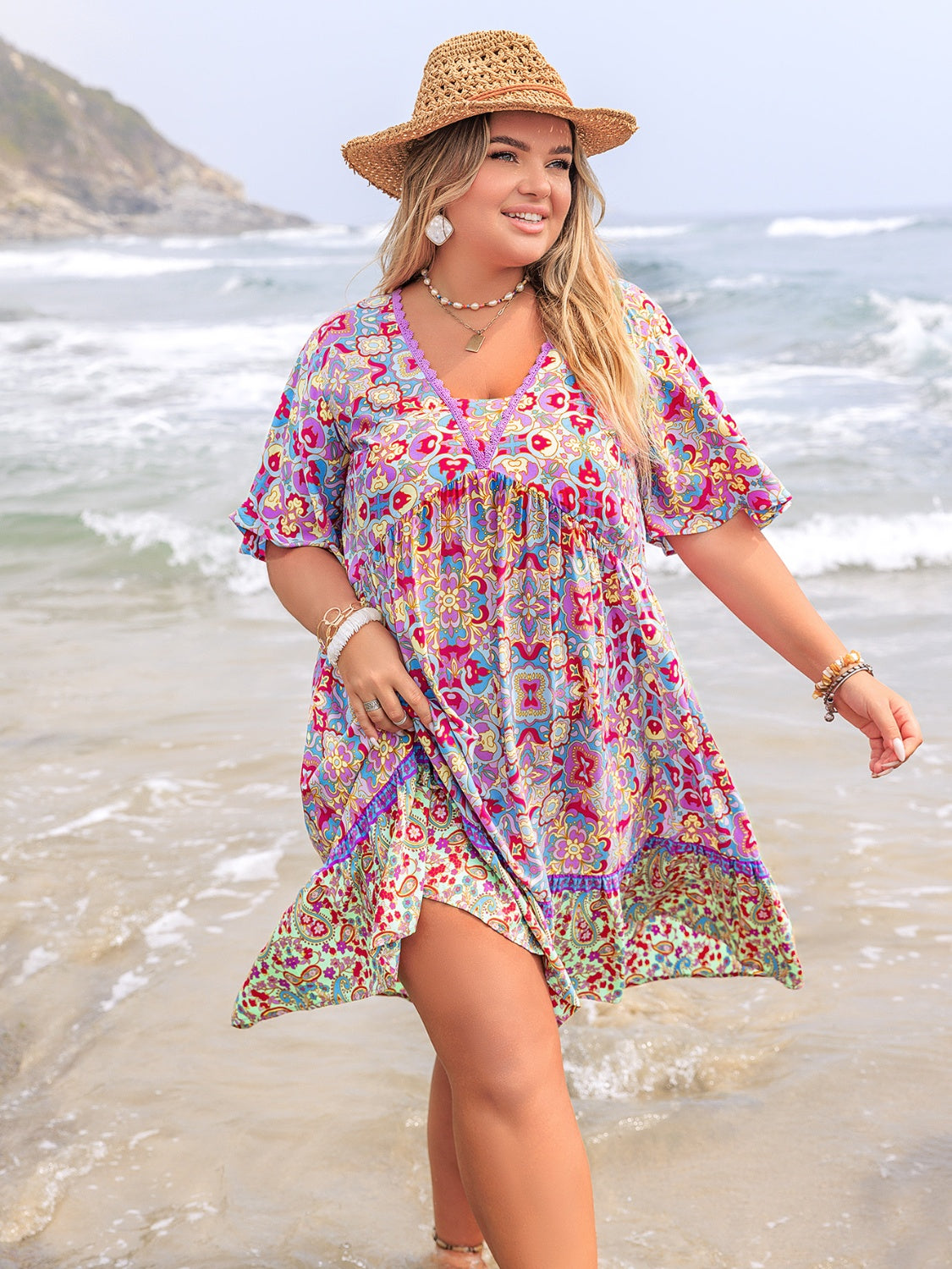 Plus Size Lace Detail Printed Half Sleeve Dress - felvior