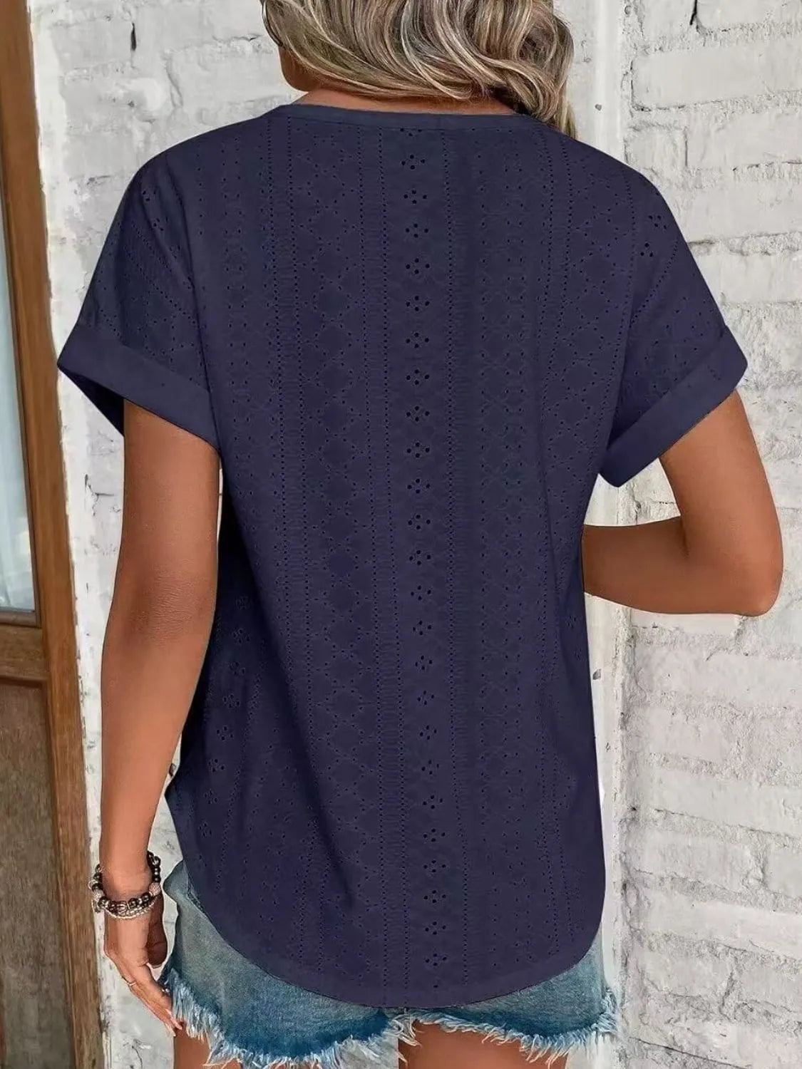 Eyelet Round Neck Short Sleeve Top