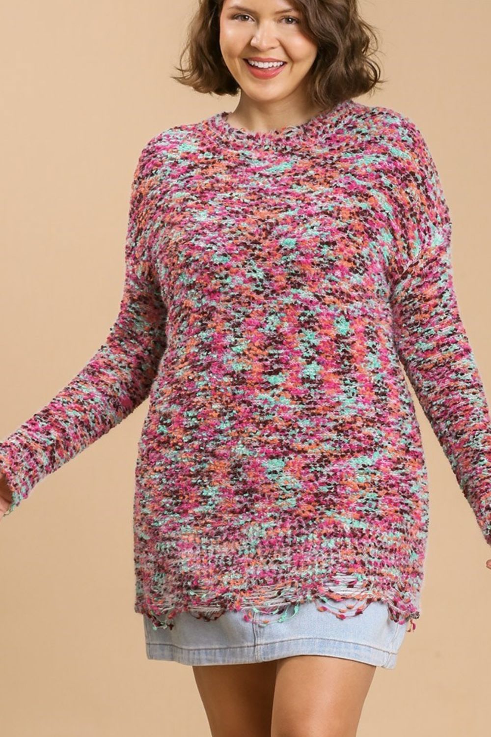 Umgee Full Size Distressed Hem Multicolored Round Neck Knit Tunic Dress Plus Size - felvior