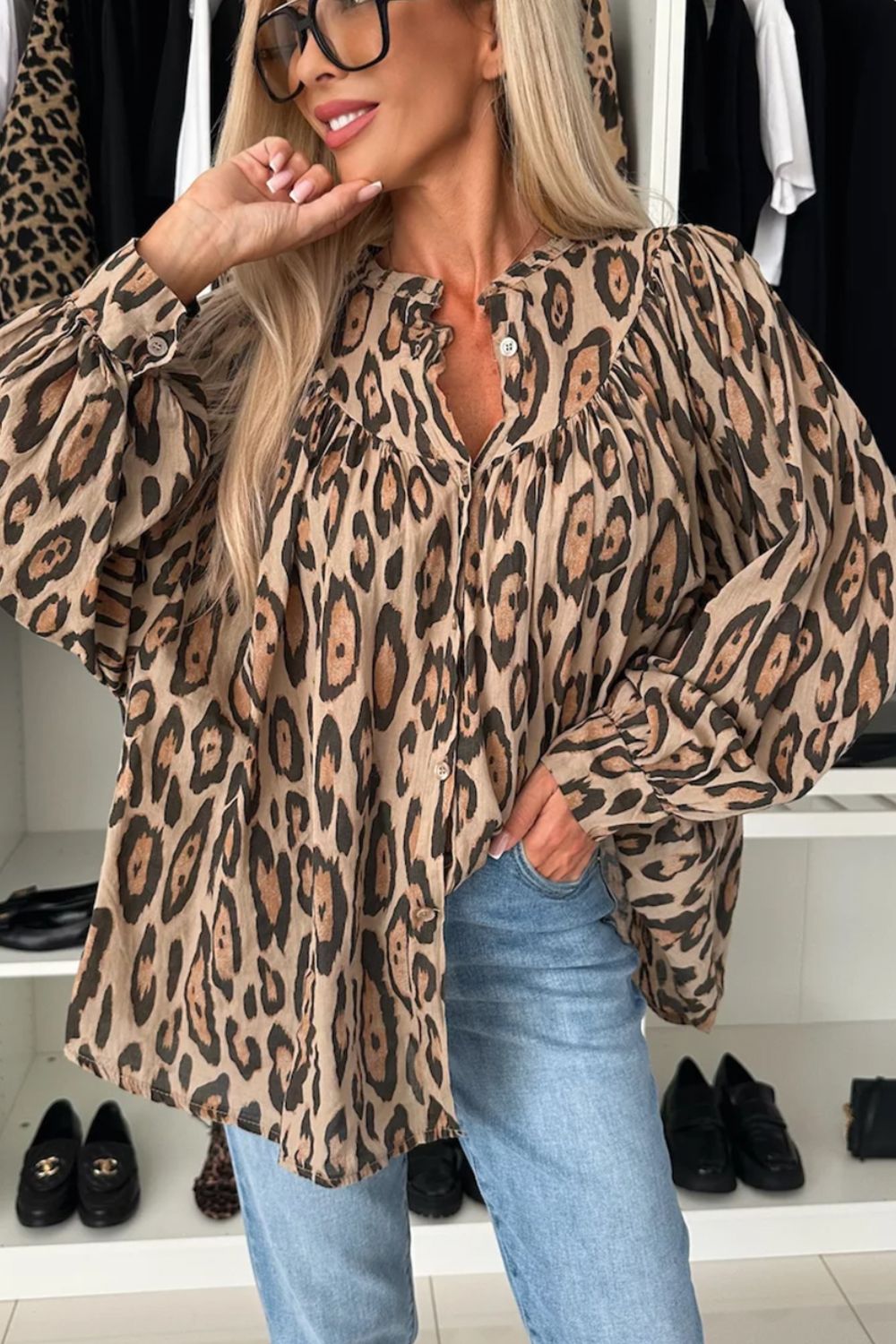 Leopard Print Button Down Long Sleeve Shirt - felvior