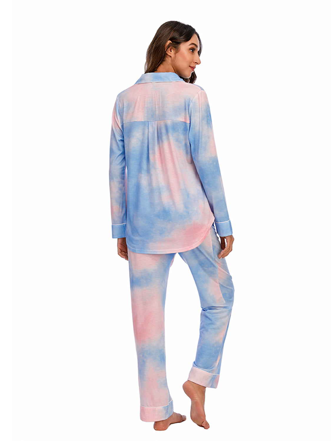 Collared Neck Long Sleeve Loungewear Set with Pockets - felvior