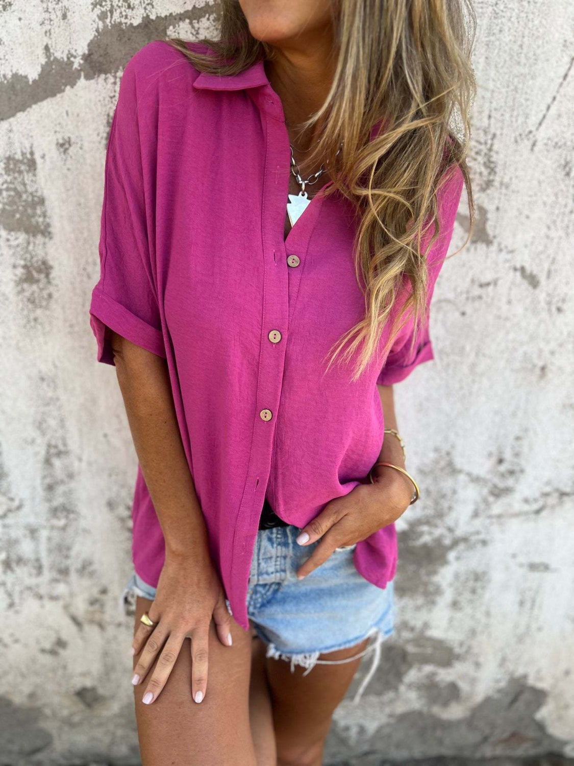 Full Size Collared Neck Half Sleeve Shirt Plus Size - felvior