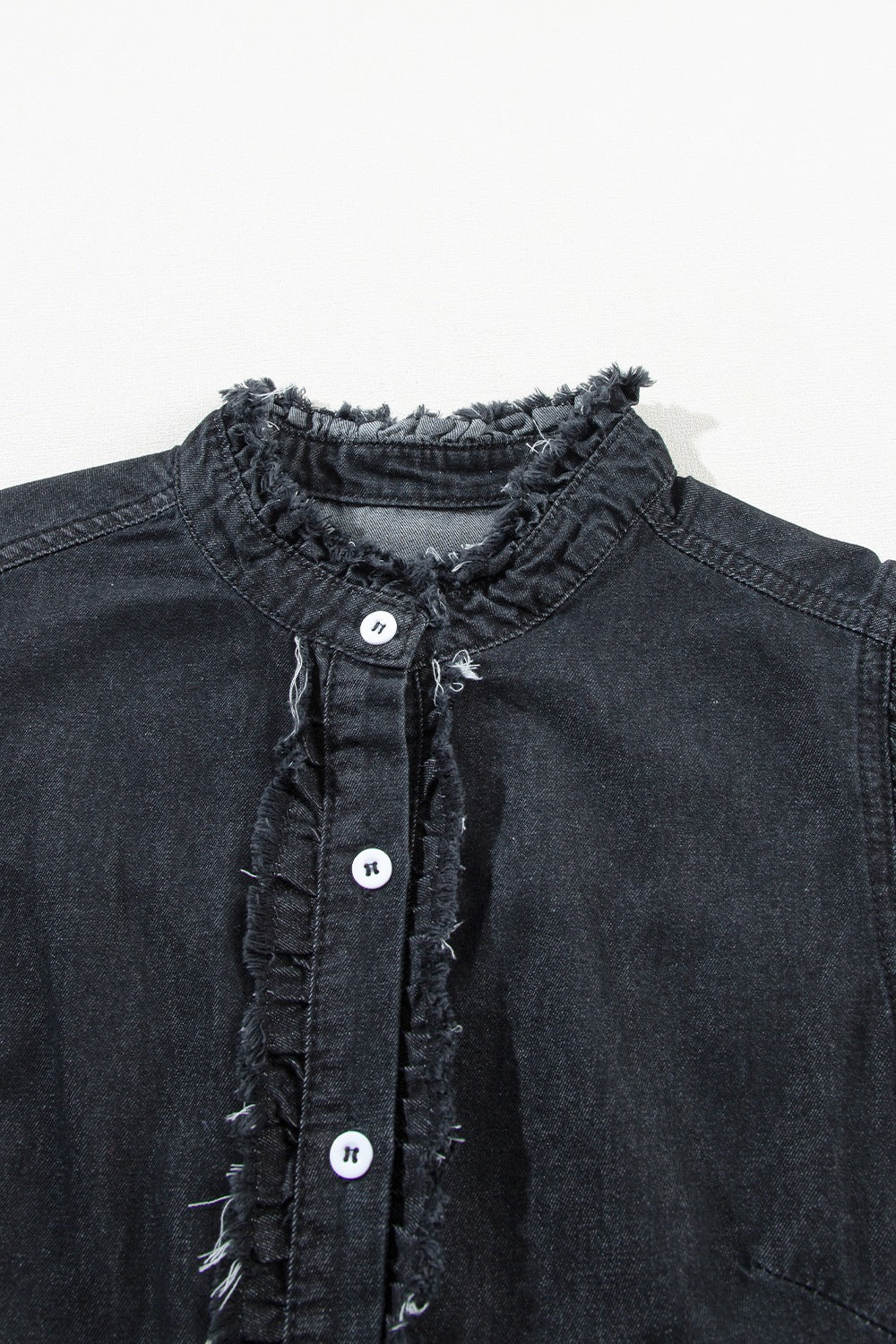 Button Down Raw Hem Ruffled Denim Shirt - felvior