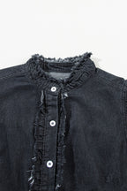 Button Down Raw Hem Ruffled Denim Shirt