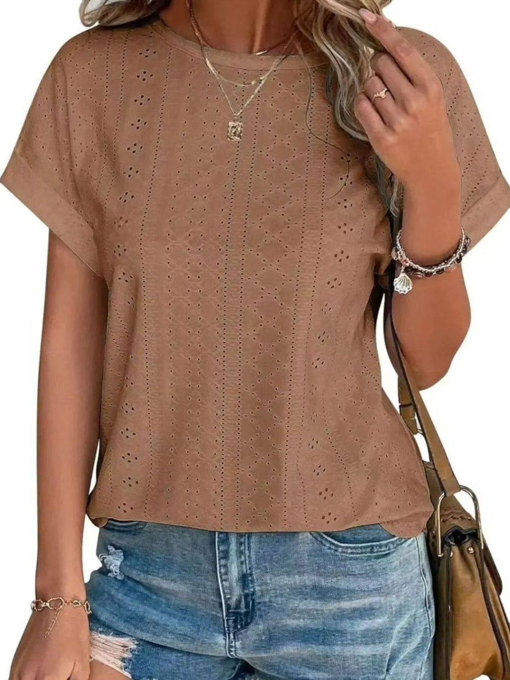 Eyelet Round Neck Short Sleeve Top