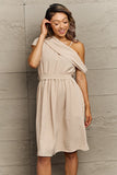 Perfee Swiss Dot Asymmetrical Neck Dress - felvior