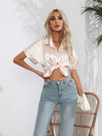 Button Down Collared Neck Short Sleeve Satin Shirt