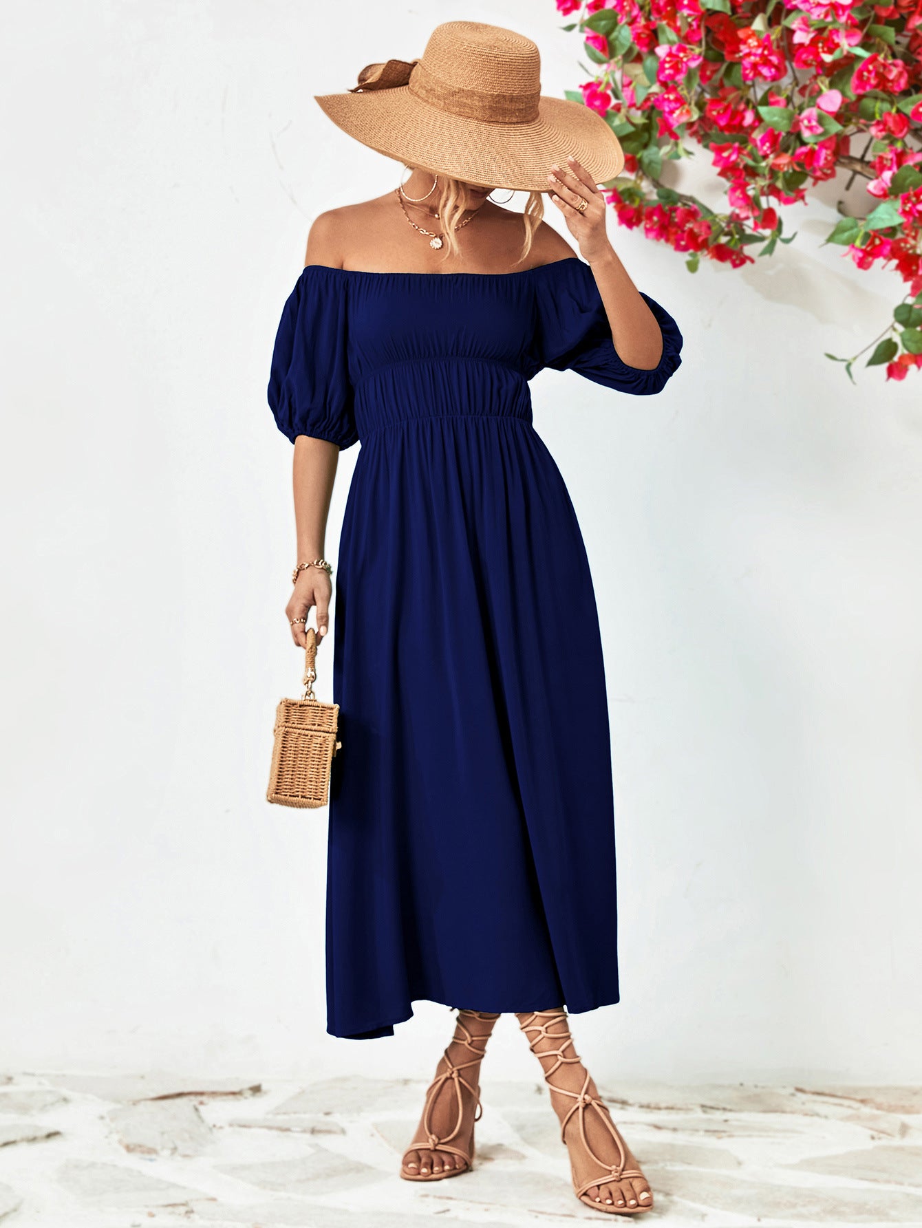 Off-Shoulder Balloon Sleeve Midi Dress - felvior