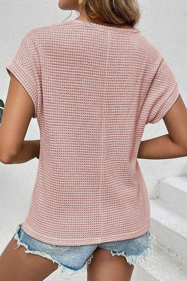 Lace Patchwork Waffle Short Sleeve Knit Top - felvior