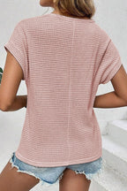 Lace Patchwork Waffle Short Sleeve Knit Top