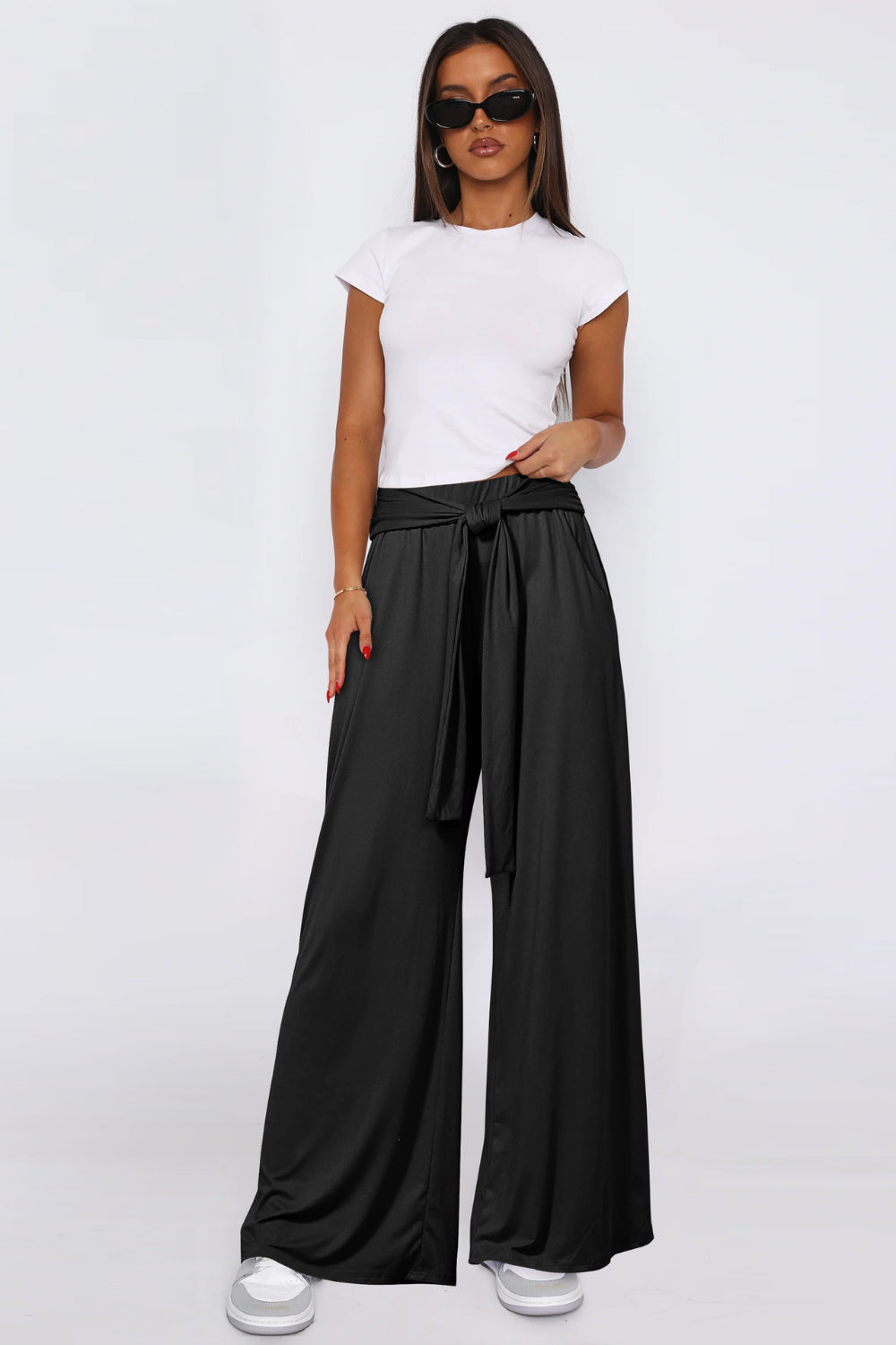 Tied Pocketed Wide Leg Pants
