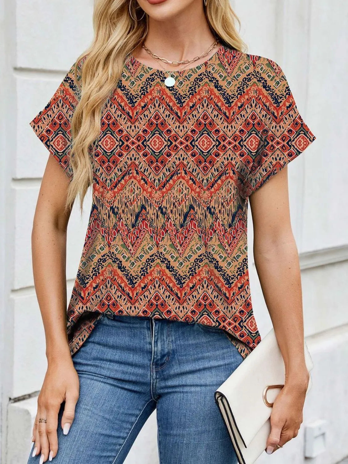Printed Round Neck Short Sleeve Top