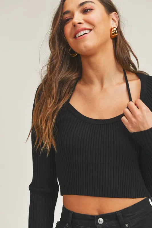 MABLE Long Sleeve Crop Sweater Top and Inner Bra Set - felvior
