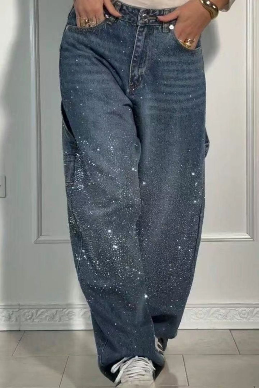 Full Size Washed Rhinestone Detail Wide leg Jeans Plus Size