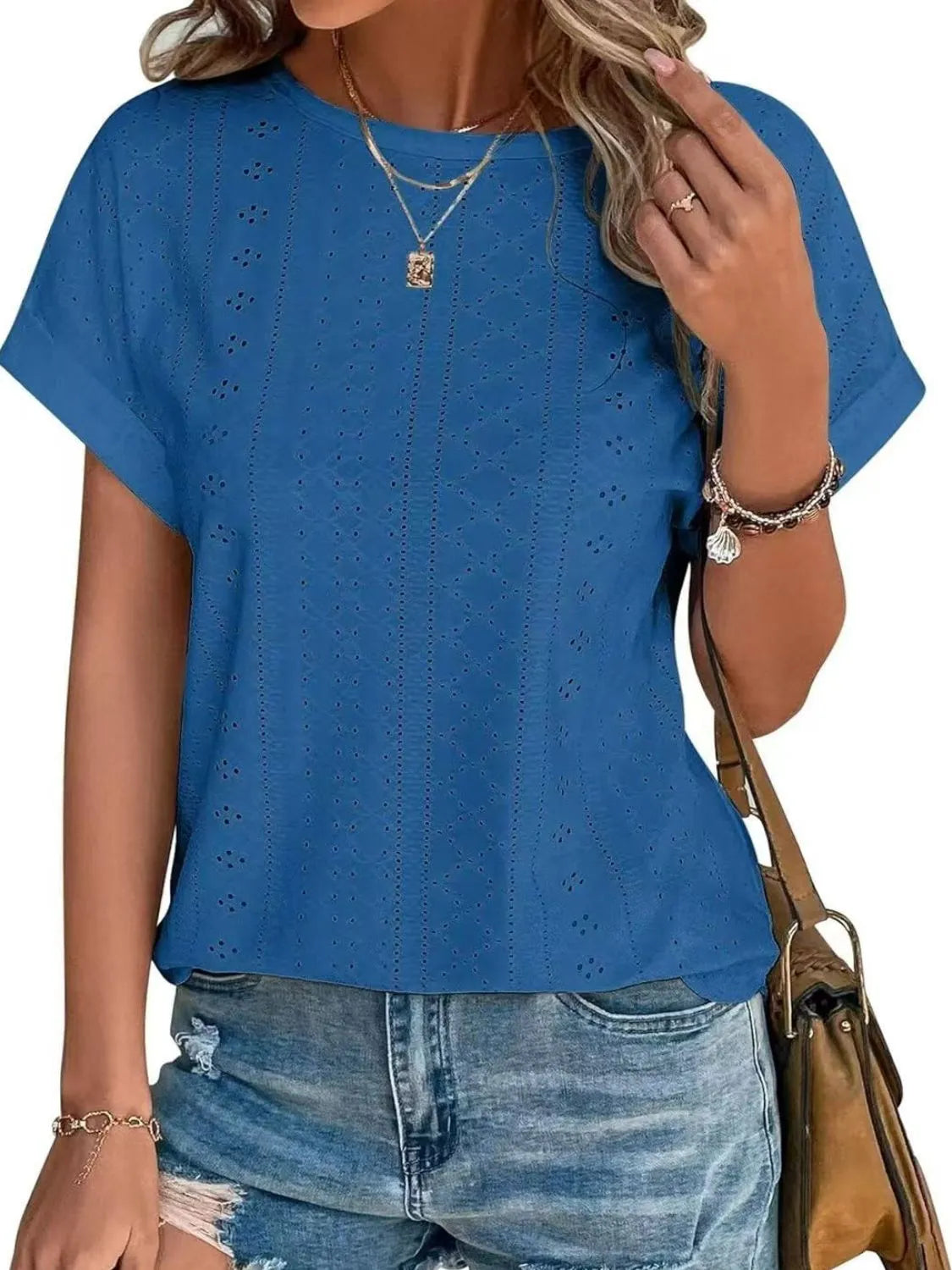 Eyelet Round Neck Short Sleeve Top