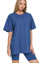 Zenana Cotton Round Neck Top & Biker Shorts