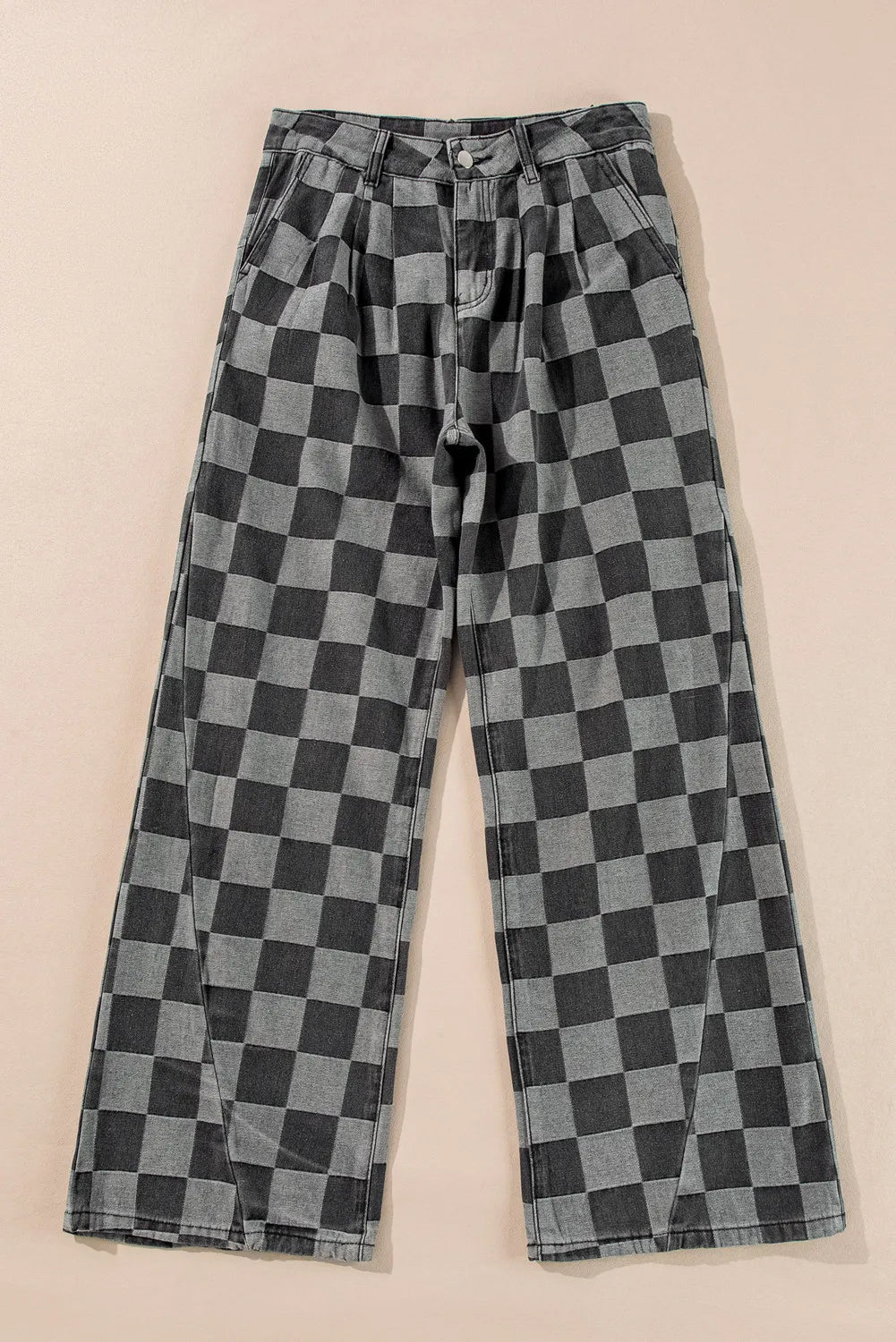 Checkered Wide Leg Jeans with Pockets - felvior