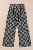 Checkered Wide Leg Jeans with Pockets - felvior
