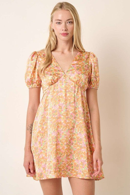 Mittoshop Printed V-Neck Puff Sleeve Mini Dress - felvior