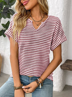 Striped Notched Short Sleeve T-Shirt