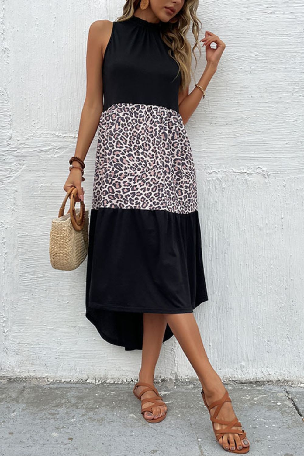 Perfee Leopard Contrast Sleeveless Maxi Dress - felvior