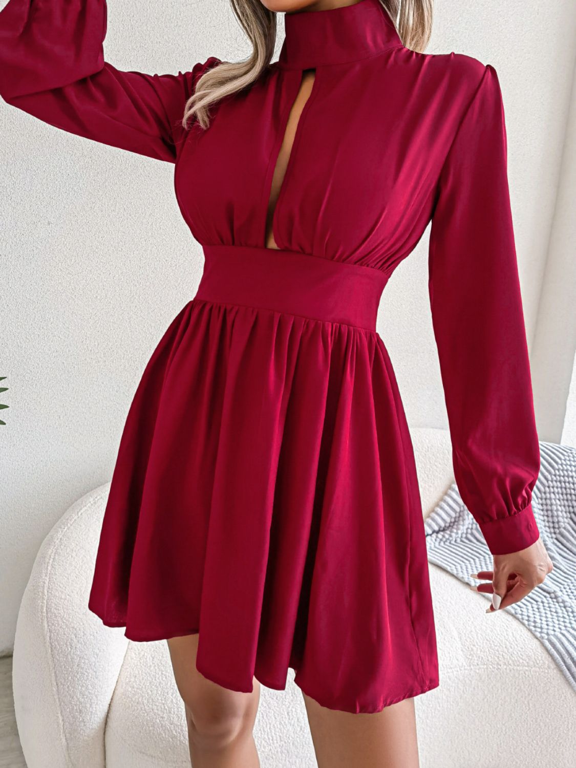 Cutout Turtleneck A-Line Mini Dress - felvior