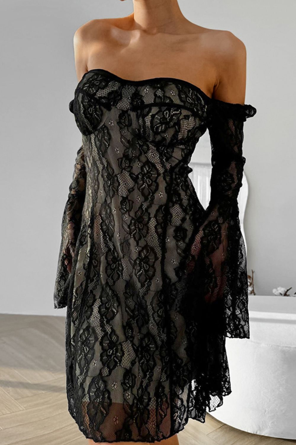 Lace Sweetheart Neck Flare Sleeve Mini Dress