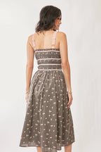 Davi & Dani Contrast Velvet Tape Smocking Bodice Midi Dress