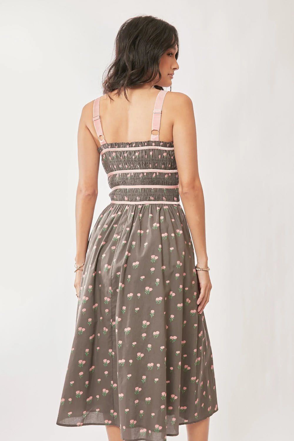 Davi & Dani Contrast Velvet Tape Smocking Bodice Midi Dress